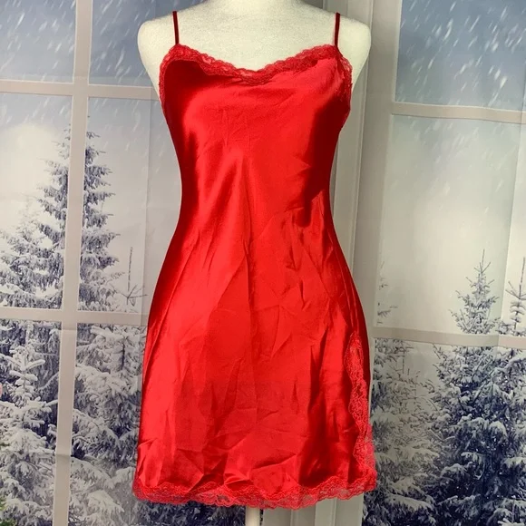 Victoria’s Secret Red Satin Lace Accent Split Babydoll Slip Dress Nightgown - Picture 14 of 14